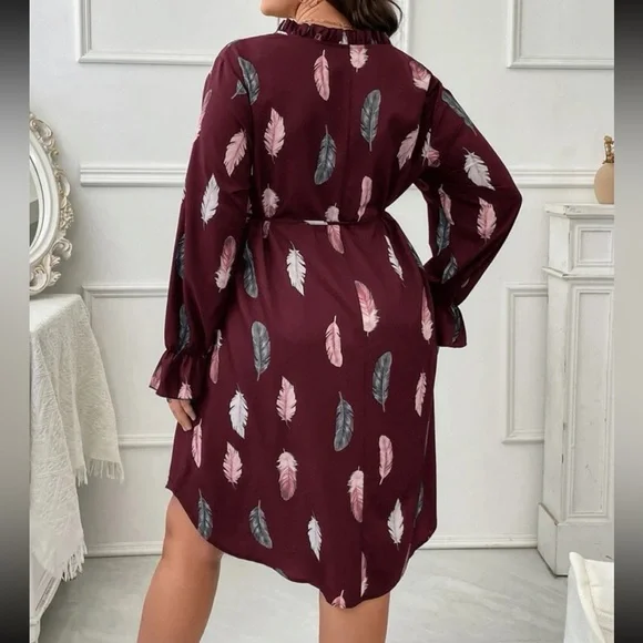 Boho Plus Size Feather Print Flounce Long  Sleeve Dress - Picture 6 of 8